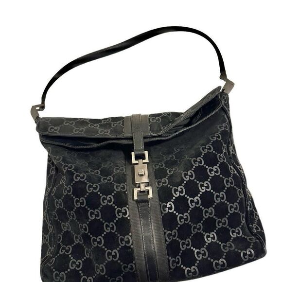 Elegant black suede gg Jackie bag with piston lock - Picture 8 of 16